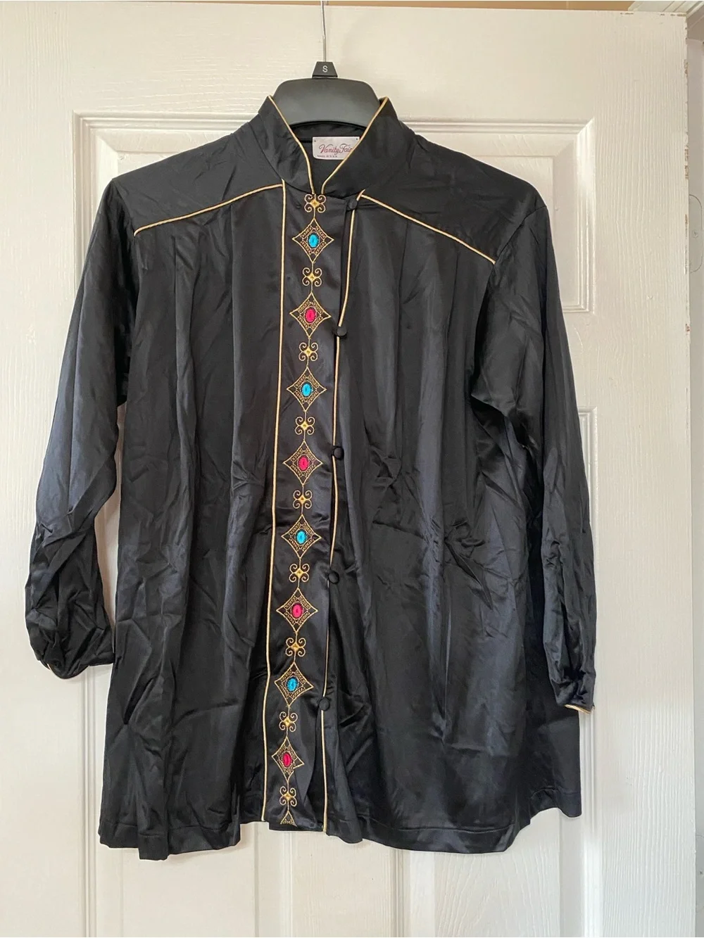 VTG 60’s Asian Mandarin Collar Black Nylon Pajama Set Top Bottom Pants